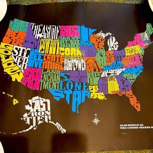 25”x 19” poster of United States and their nicknames. Rich black background.